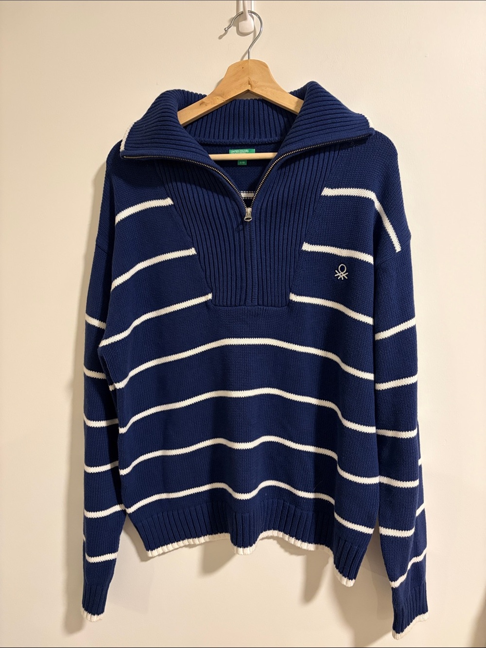 United Colors Of Benetton Navy and White Striped Half-Zip Sweater